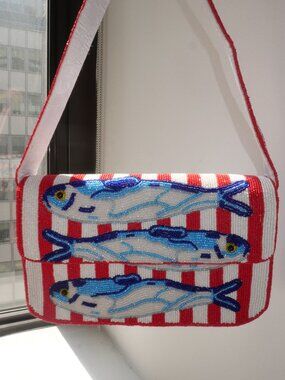 Beaded Red & White Stripe Sardine Shoulder Bag | Beaded Summer Shoulder Purse